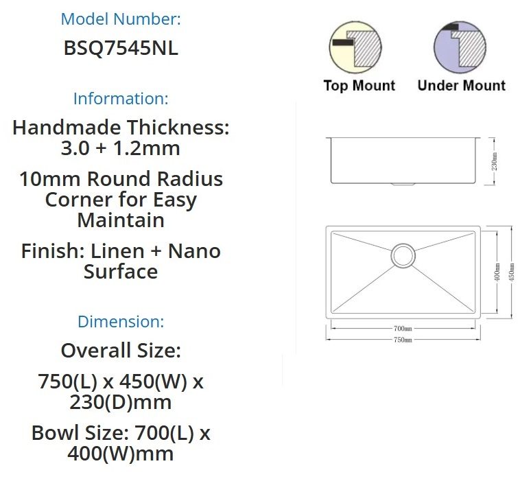 BOSHSINI Stainless Steel Kitchen Sink BSQ 7545NL