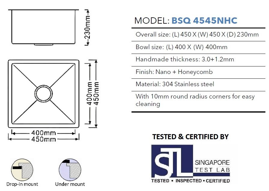 BOSHSINI 304 Stainless Steel Nano + Honey Comb Kitchen Sink BSQ 4545NHC view 3