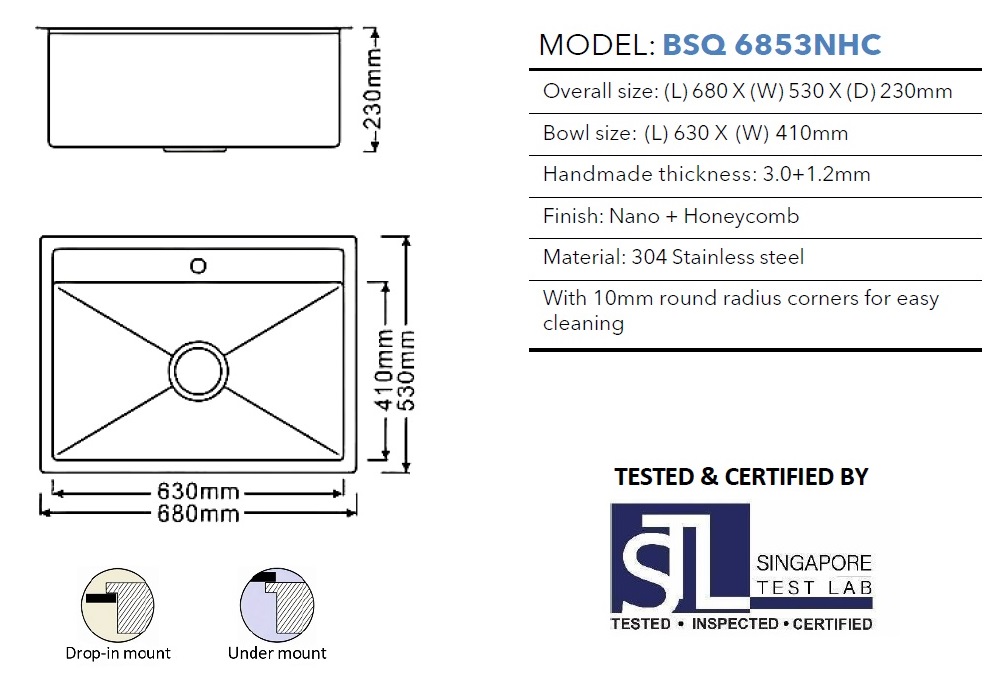 BOSHSINI 304 Stainless Steel Nano + Honey Comb Kitchen Sink BSQ 6853NHC view 2
