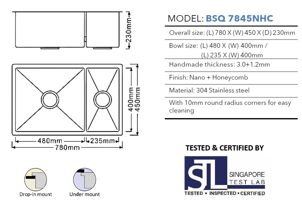 BOSHSINI 304 Stainless Steel Nano + Honey Comb Kitchen Sink BSQ 7845NHC view 2