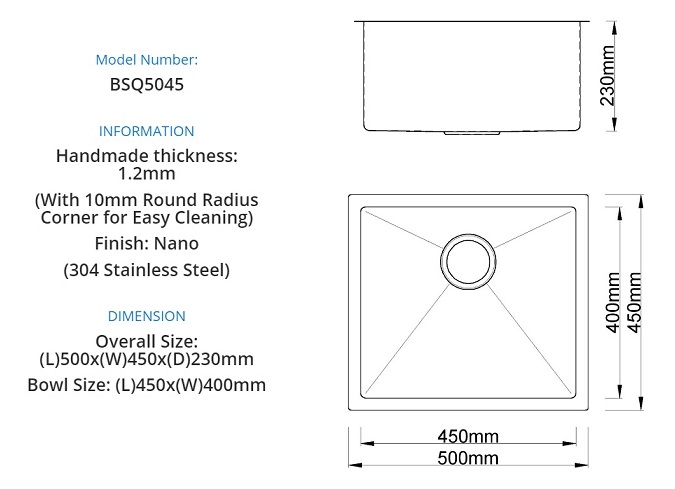 BOSHSINI 304 Stainless Steel Nano Kitchen Sink BSQ-5045 view 2
