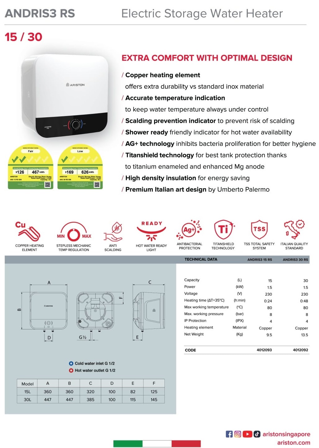 ARISTON ANDRIS3 15 RS Storage Water Heater