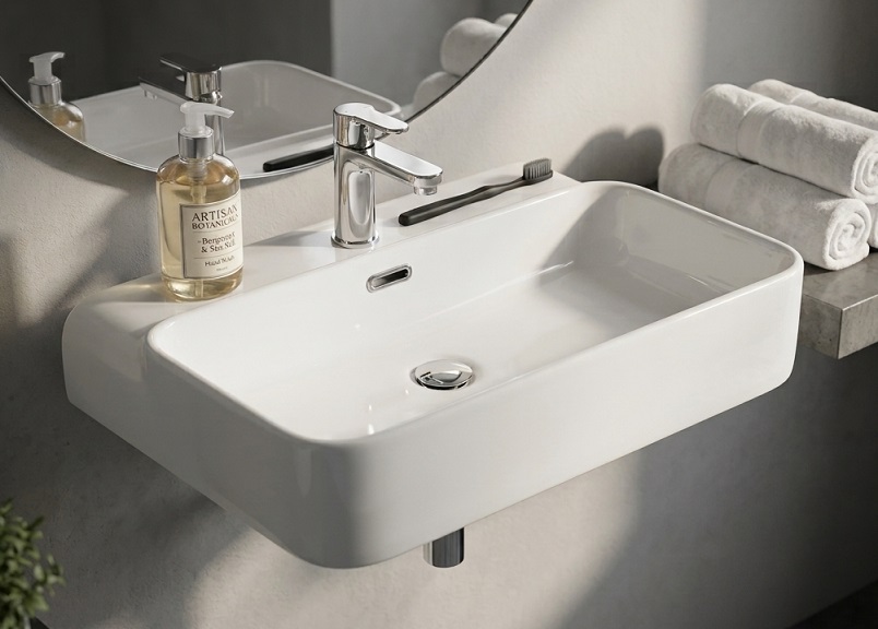 Wall-hung basin with a neat exposed chrome bottle trap