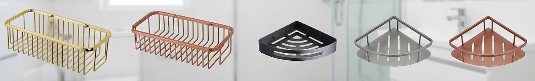 Rectangular and corner shampoo baskets in gold, rose gold, black and silver finishes