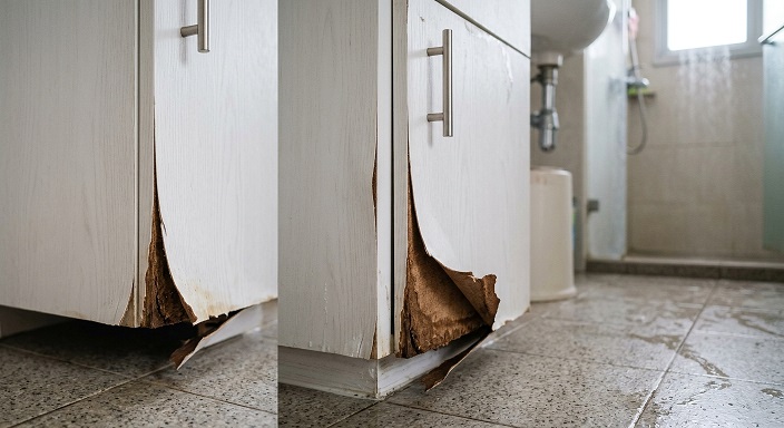 Bathroom vanity with a swollen, peeling base from water damage in a humid bathroom