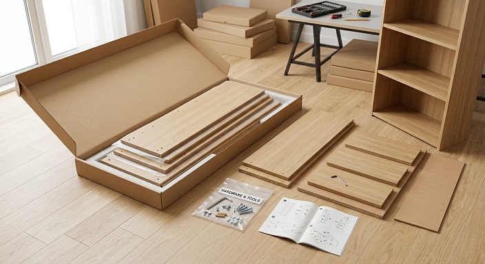 Flat-pack bathroom cabinet parts and tools laid out for home assembly