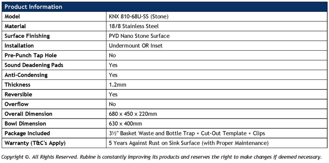 RUBINE Stainless Steel Nano Kitchen Sink - KNX 810-68U-SS view 5