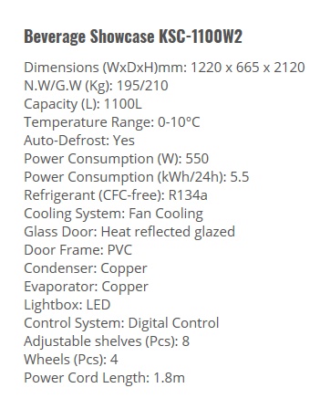KADEKA Upright 2 Doors Bevearge Showcase Chiller KSC-1100W2 view 3