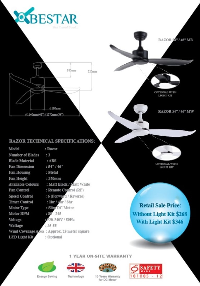 BESTAR DC Motor Ceiling Fan With LED Light - Razor 46 Inch Black & White Color