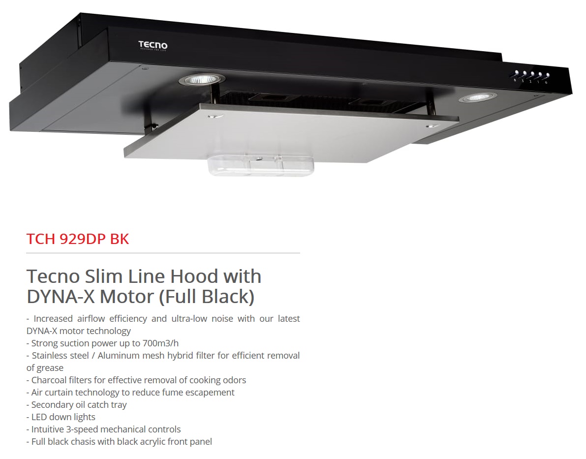 TECNO DYNA-X TCH-929DP BK Built-In Black Color Cooker Hood