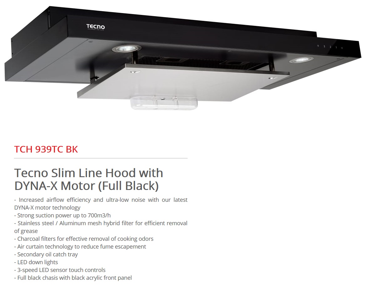 TECNO DYNA-X TCH-939TC BK Built-In Black Color Cooker Hood
