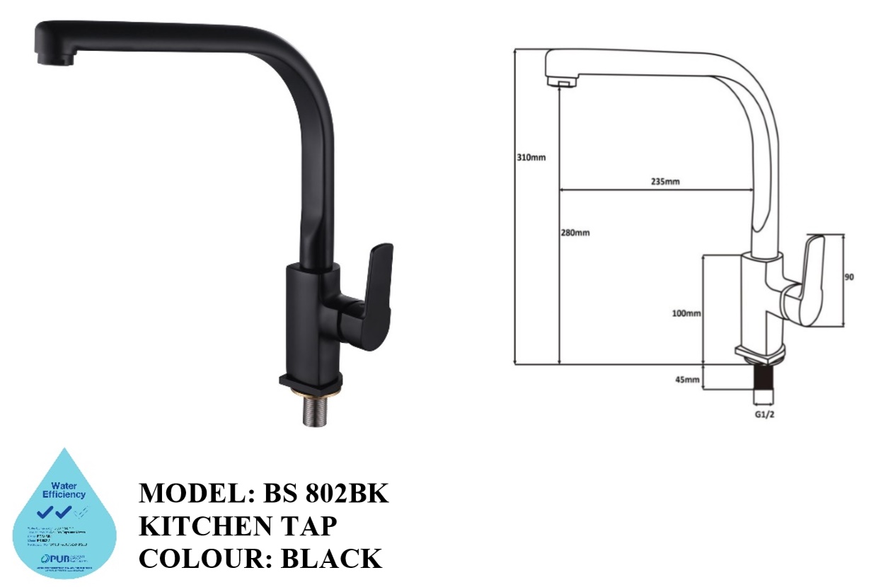 BOSHSINI Black Color Kitchen Sink Cold Water Tap BS 802BK