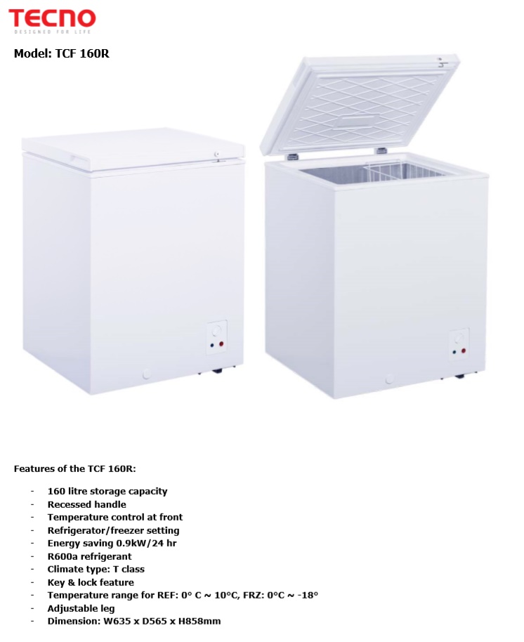 TECNO 2 in 1 Chest Freezer TCF-160R - Refrigerator & Freezer Switch