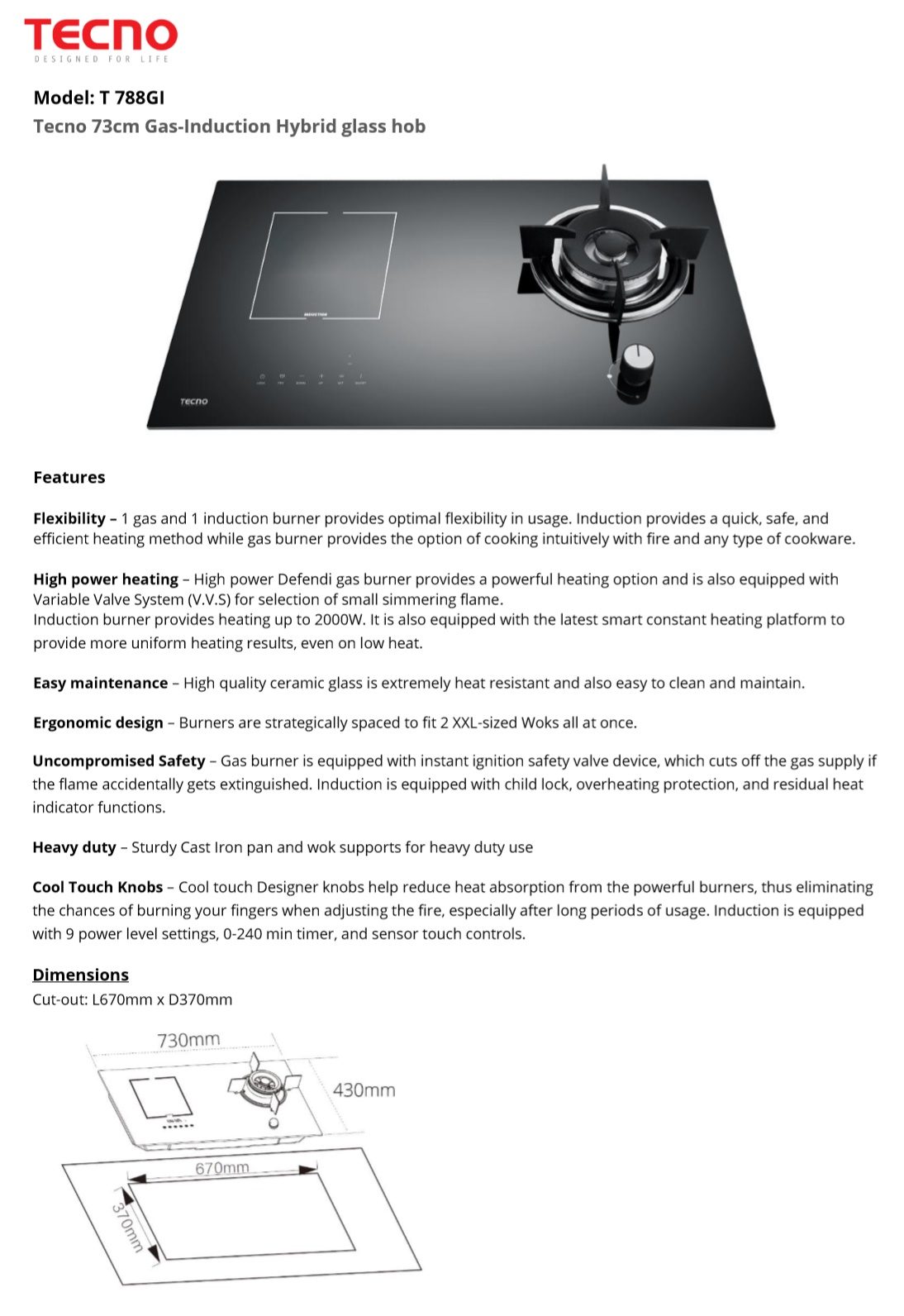 TECNO 2 in 1 Gas & Induction Hybrid Glass Hob - T-788GI view 2