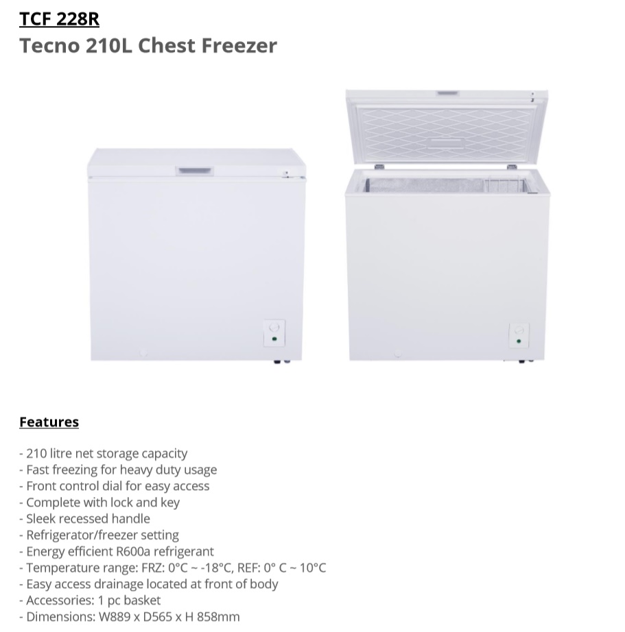 TECNO 2 in 1 Chest Freezer TCF-228R - Refrigerator & Freezer Switch