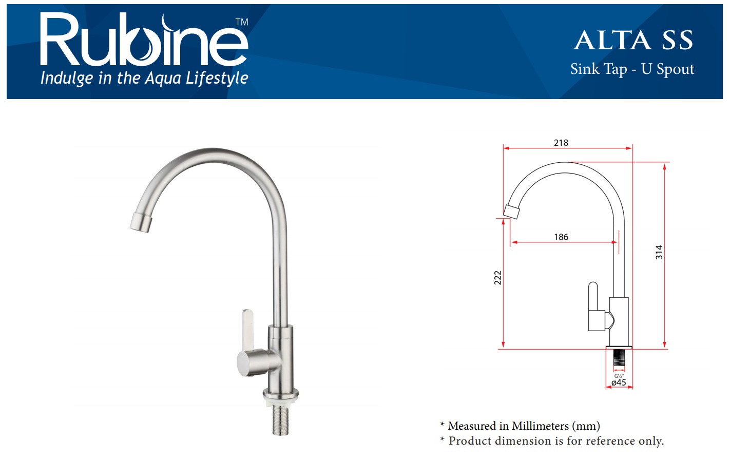 RUBINE Stainless Steel Kitchen Sink Cold Tap - K91343 SS