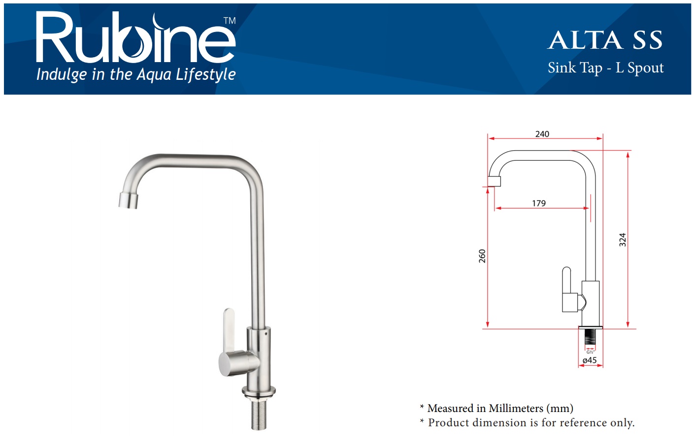 RUBINE Stainless Steel Kitchen Sink Cold Tap - K91344 SS