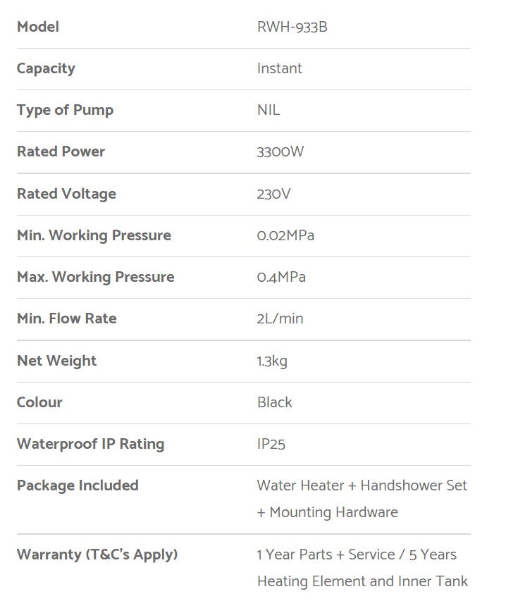 RUBINE Instant Water Heater - RWH-933 Black Color view 3