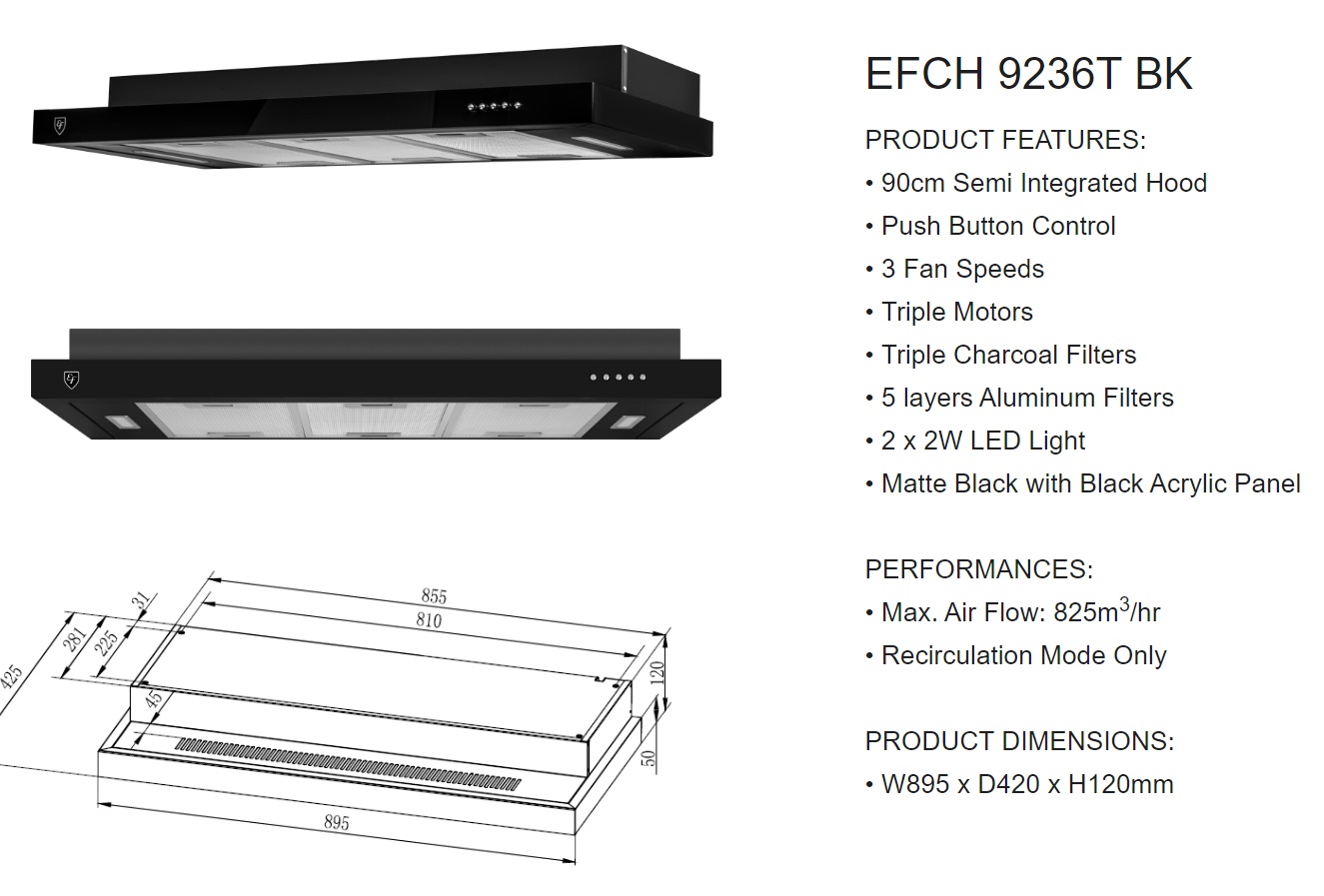 EF Cooker Hood EFCH 9236T BK - Black Color view 2