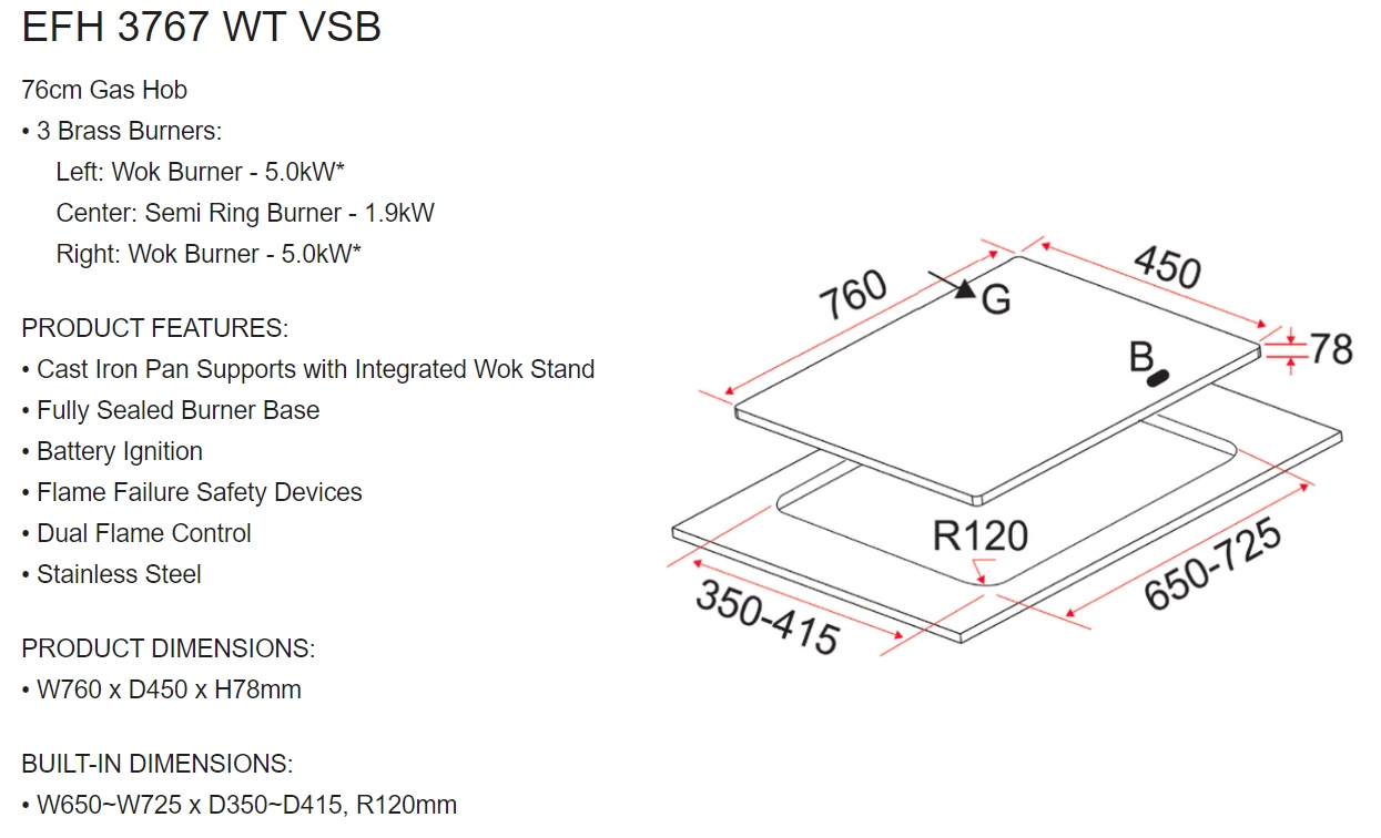 EF Gas Cooker Hob EFH 3767 WT VSB view 2