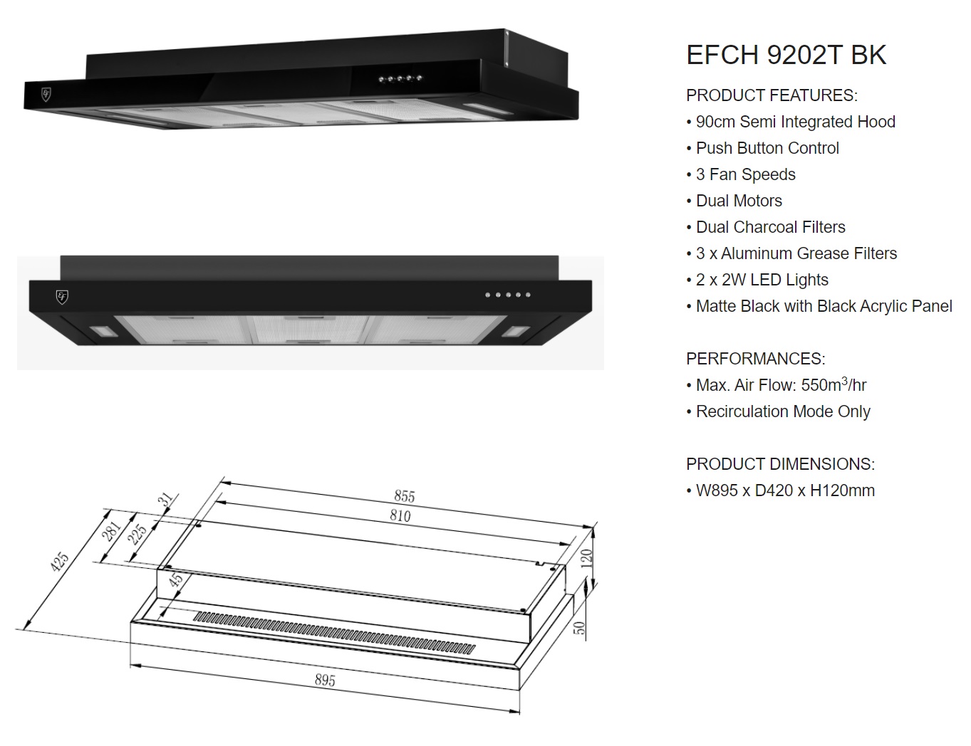 EF Cooker Hood EFCH 9202T BK - Black Color