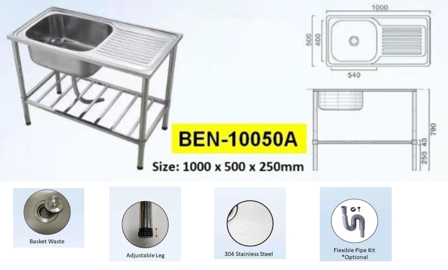 COSTA BEN-10050 A Freestanding Kitchen Sink With Shelf & Drainer