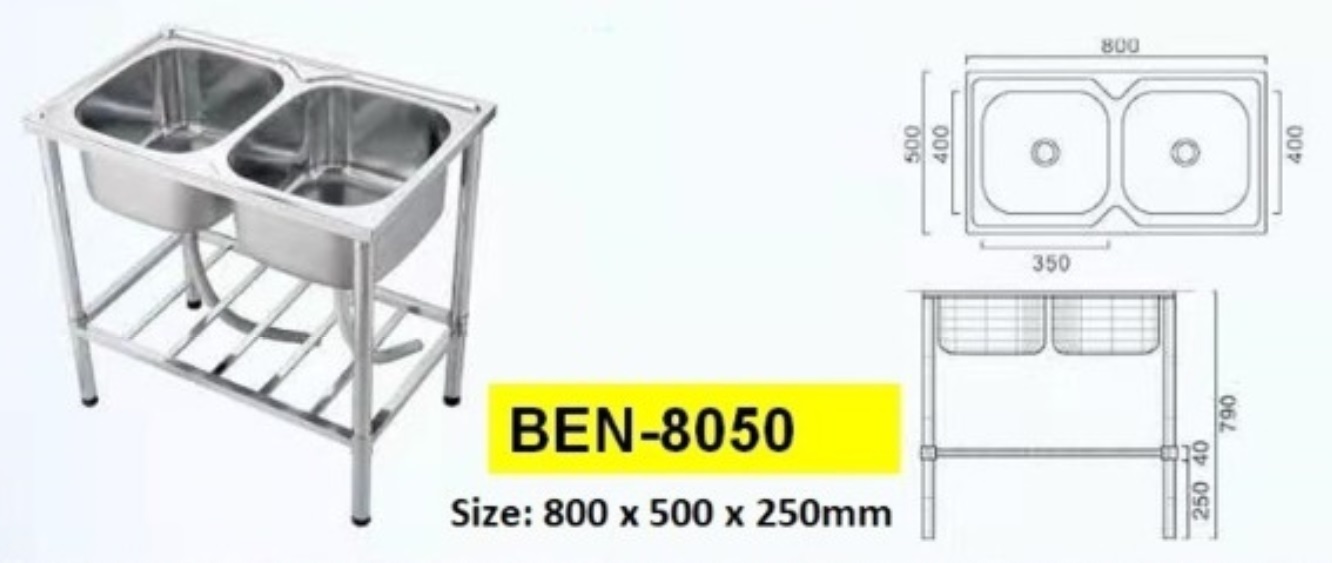 COSTA BEN-8050 Two Bowls Freestanding Kitchen Sink With Shelf