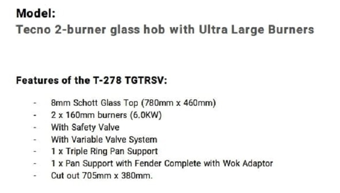 TECNO T-278 TGTRSV Cooker Hob view 2