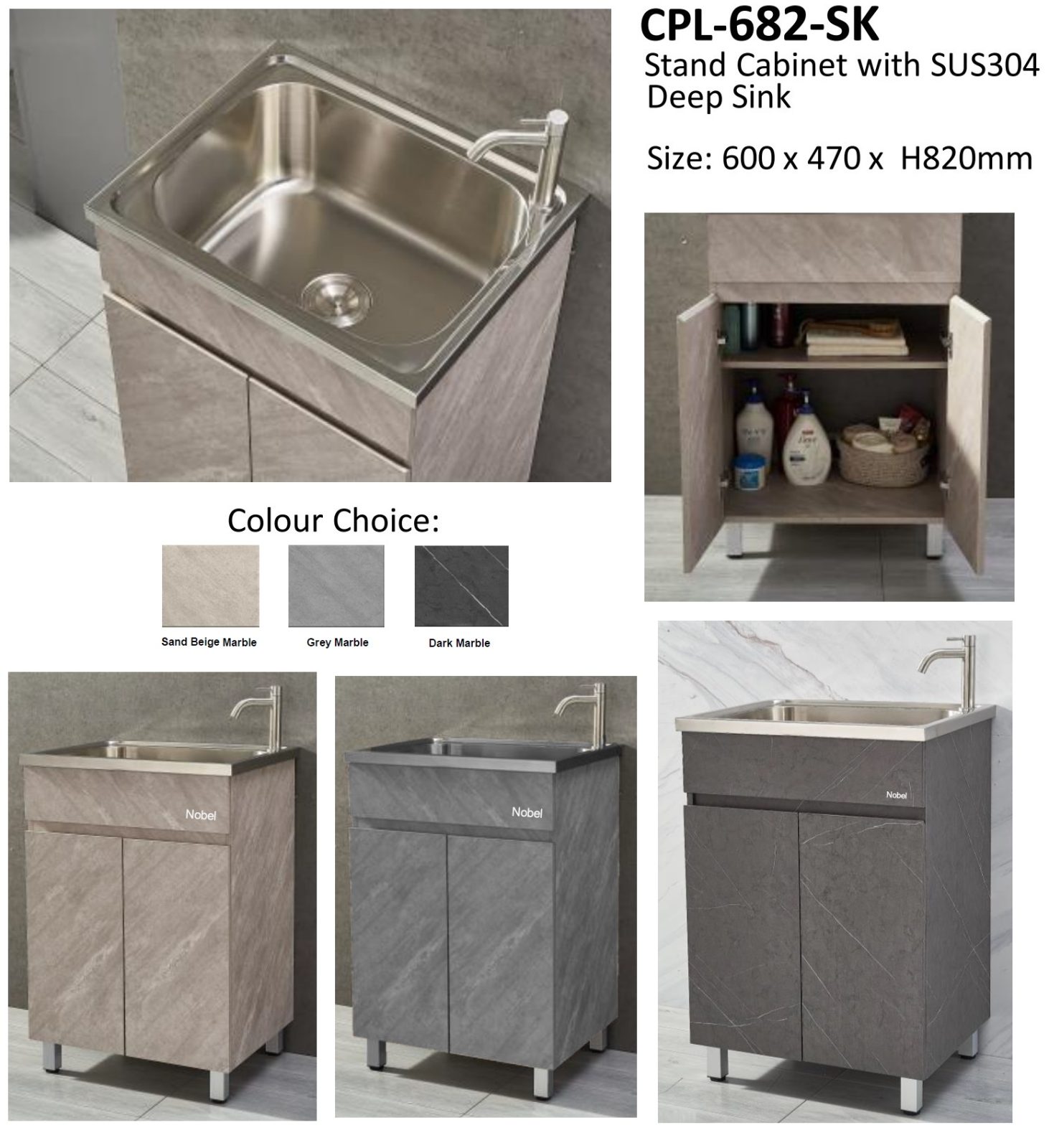NOBEL PVC Freestanding Basin Cabinet With Stainless Steel Deep Basin CPL-682-SK