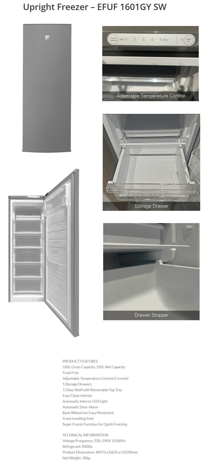 EF Upright Freezer EFUF 1601GY SW