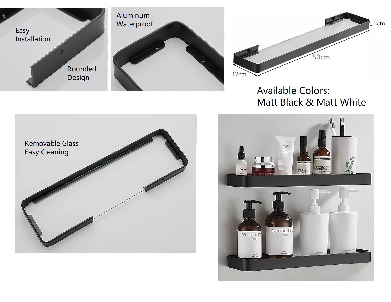 BATHAR Aluminum Frame Glass Shelf - BGS-A5113