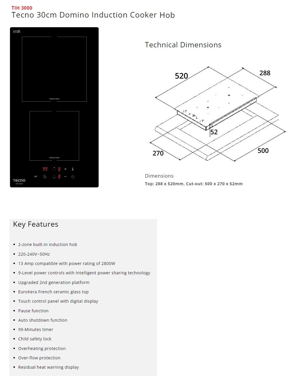 TECNO 30Cm Domino Induction Hob - TIH 3000 view 2