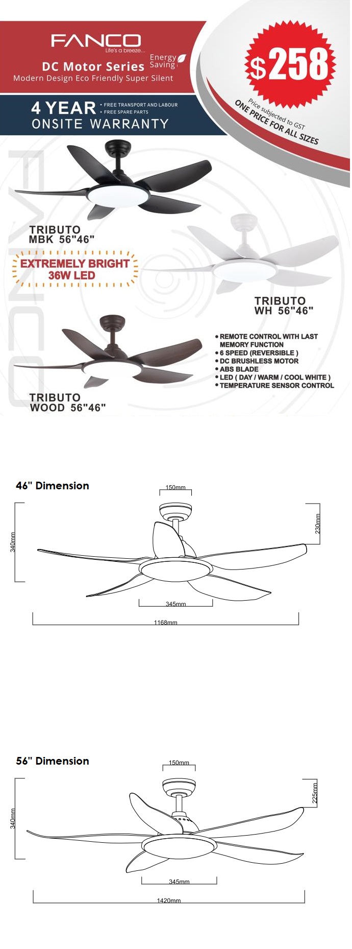 FANCO TRIBUTO 46 & 56 Inch Ceiling Fan - Brightest LED In 36W