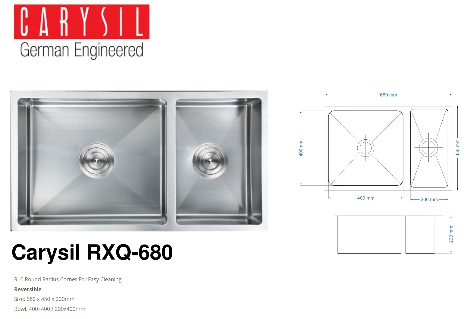 CARYSIL RXQ-680 Stainless Steel Under Mount Kitchen Sink