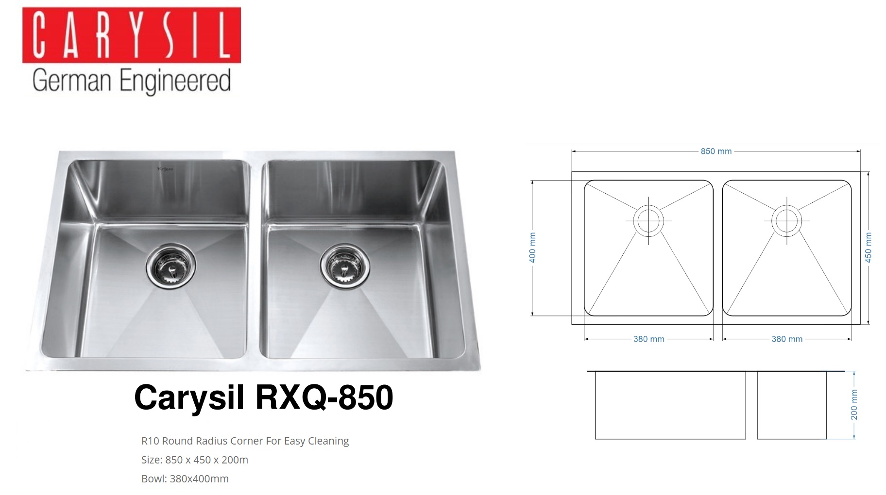 CARYSIL RXQ-850 Stainless Steel Under Mount Kitchen Sink