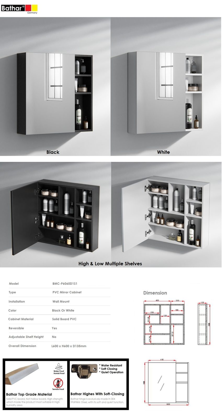 BATHAR PVC Mirror Cabinet BMC-P6060D1S1