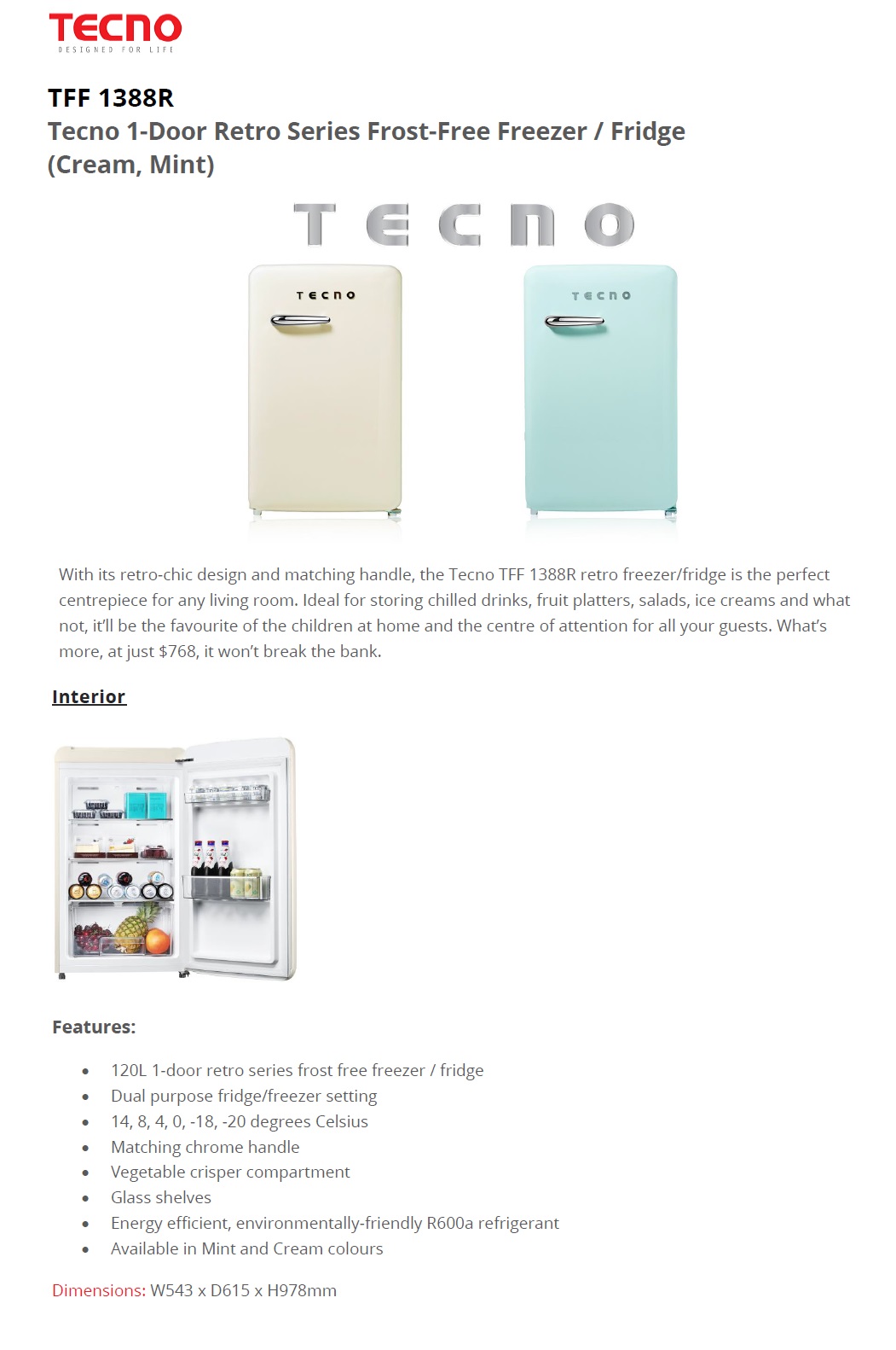TECNO Upright Retro Series Frost-Free Freezer / Fridge TFF-1388R