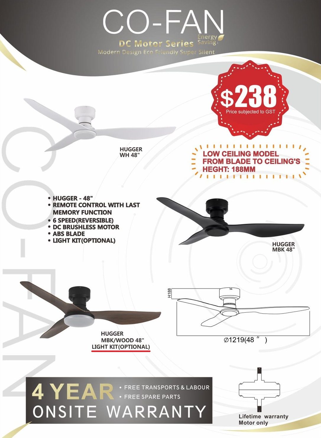 FANCO CO-FAN HUGGER 48" Low Ceiling Fan