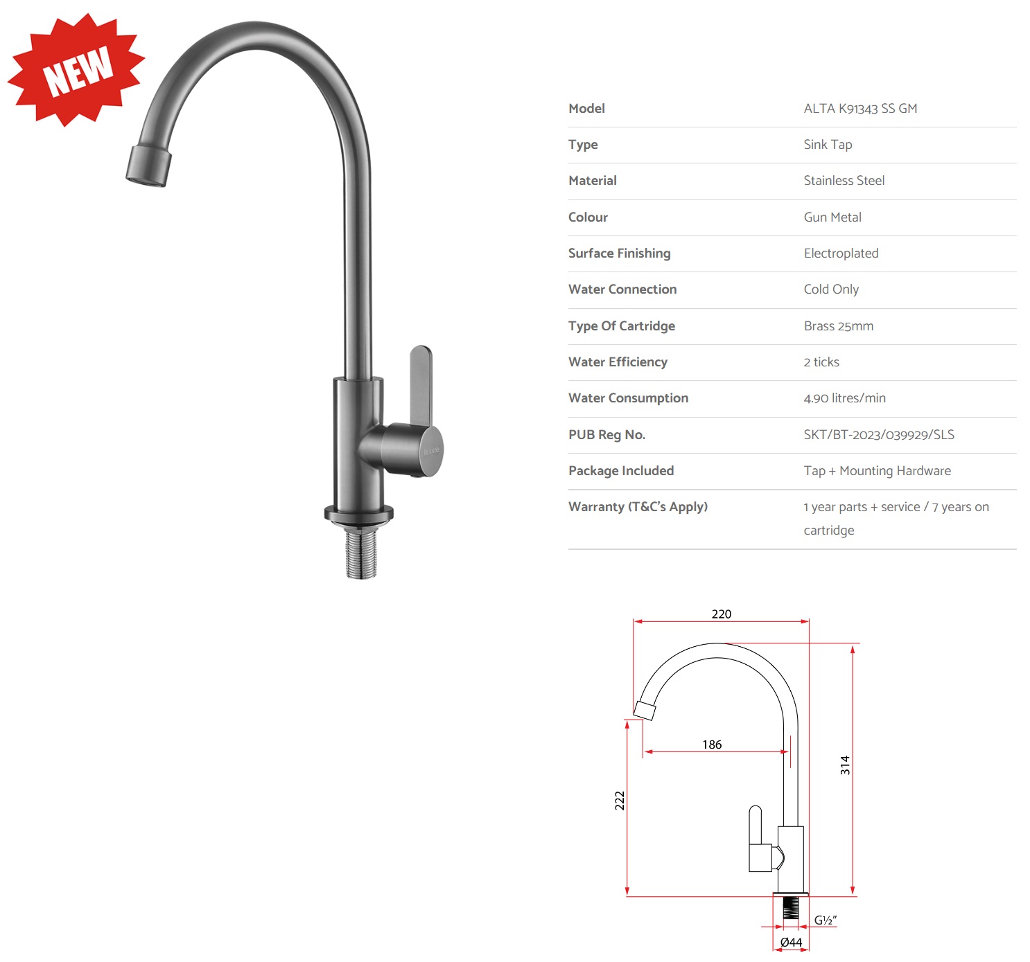 RUBINE Stainless Steel Kitchen Sink Cold Tap - K91343 SS GM