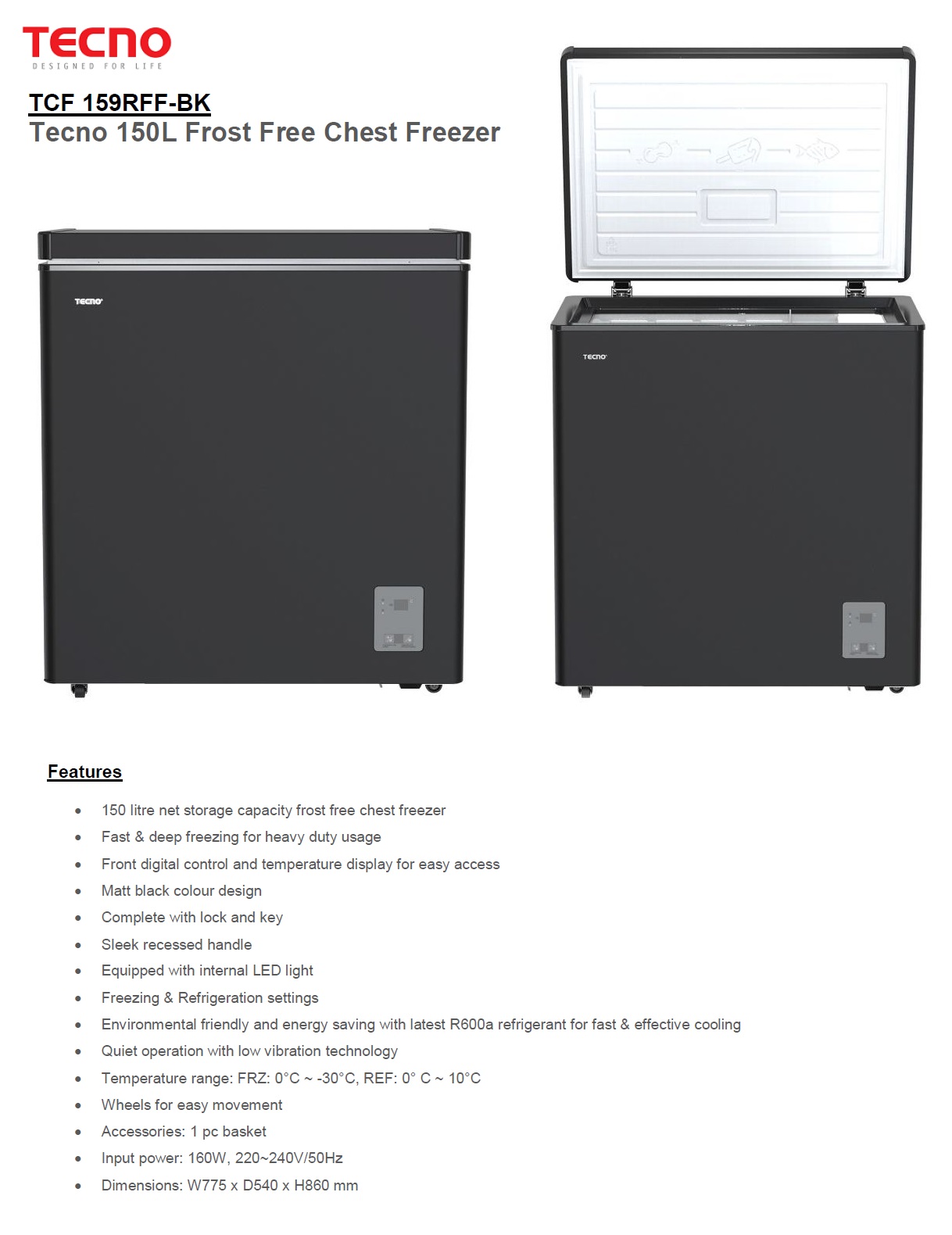 TECNO Frost Free TCF-159RFF-BK Matt Back Color