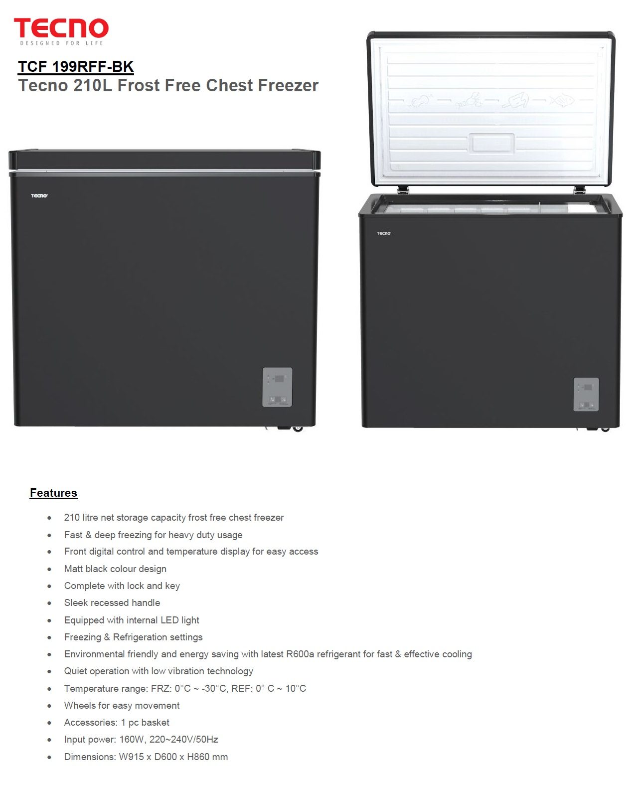 TECNO Frost Free TCF-199RFF-BK Matt Back Color