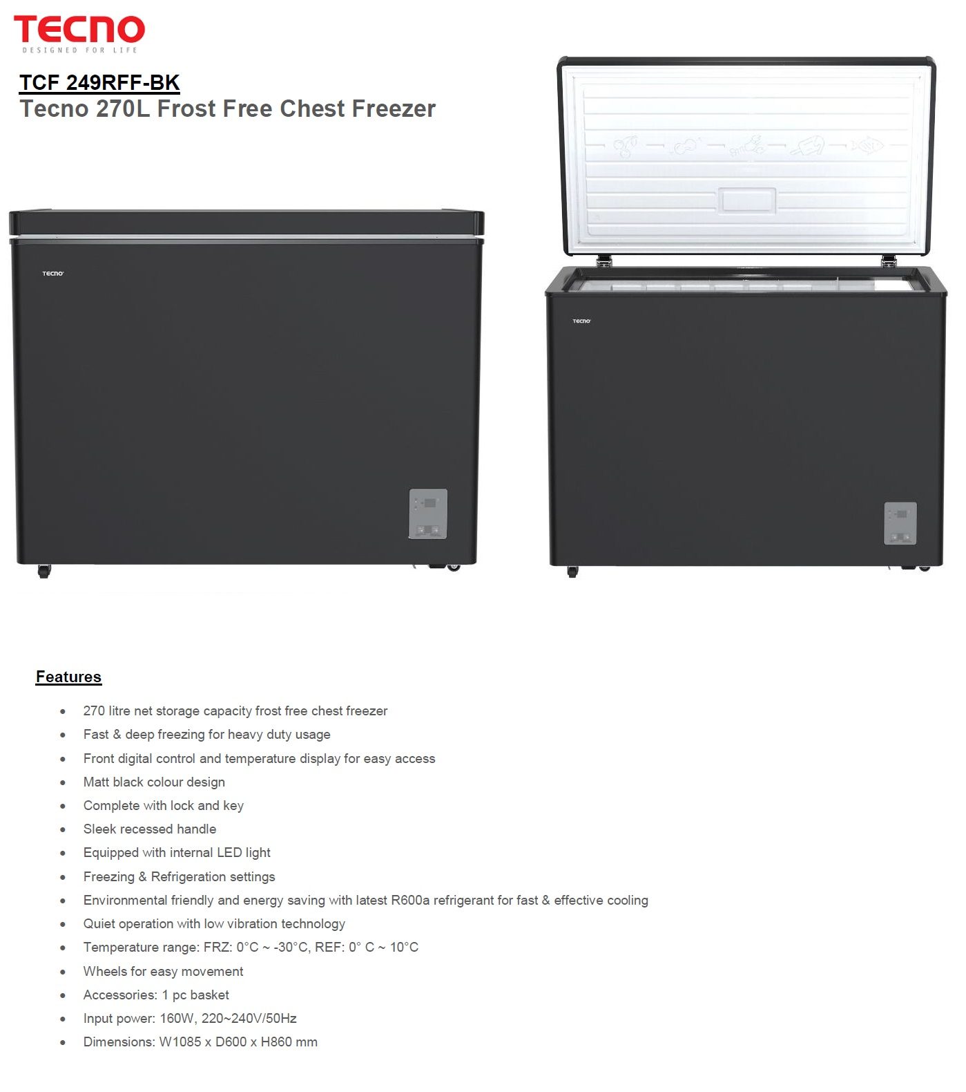 TECNO Frost Free TCF-249RFF-BK Matt Back Color