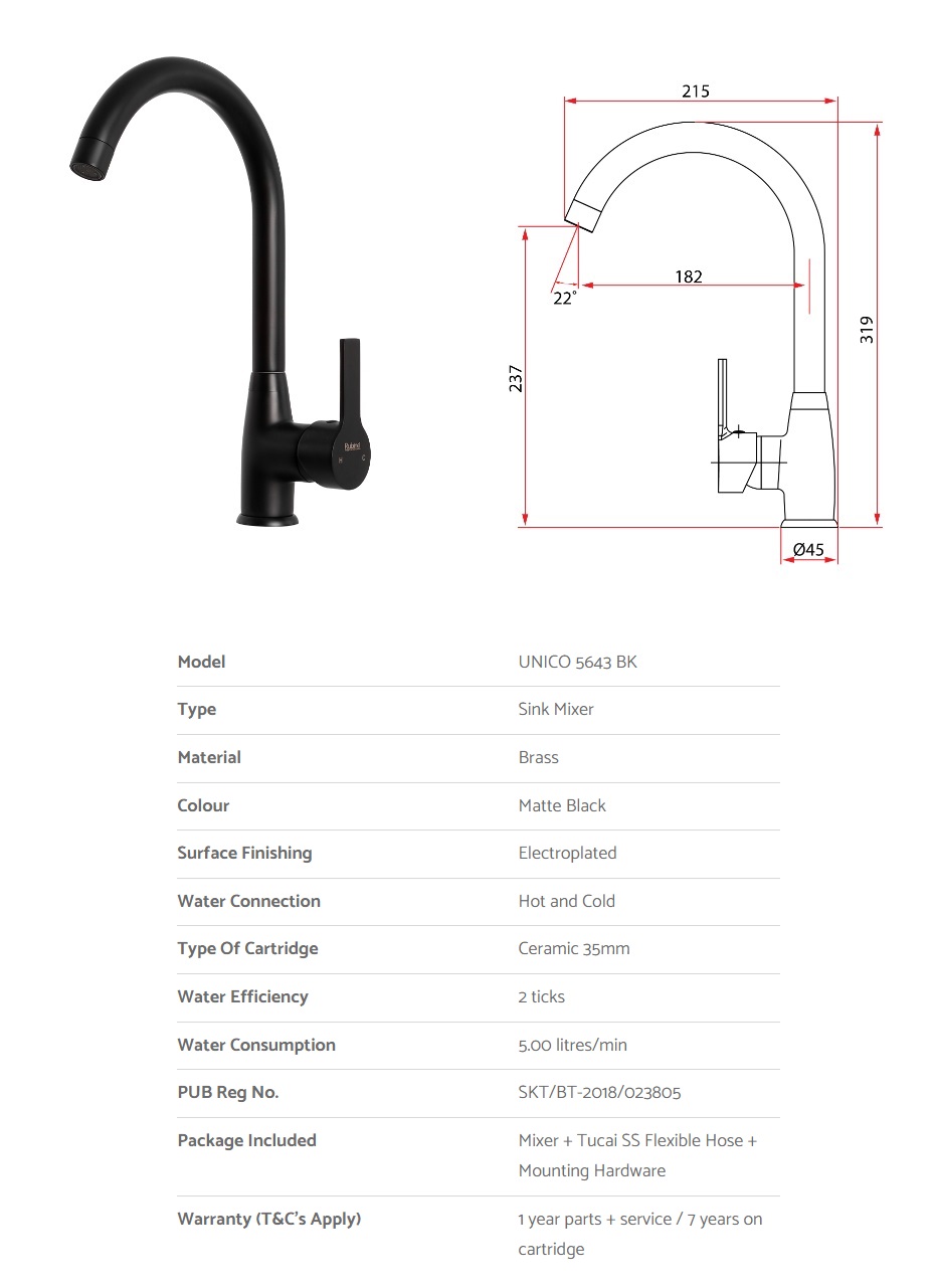 RUBINE Kitchen Sink Mixer Tap - UNICO 5643 BK