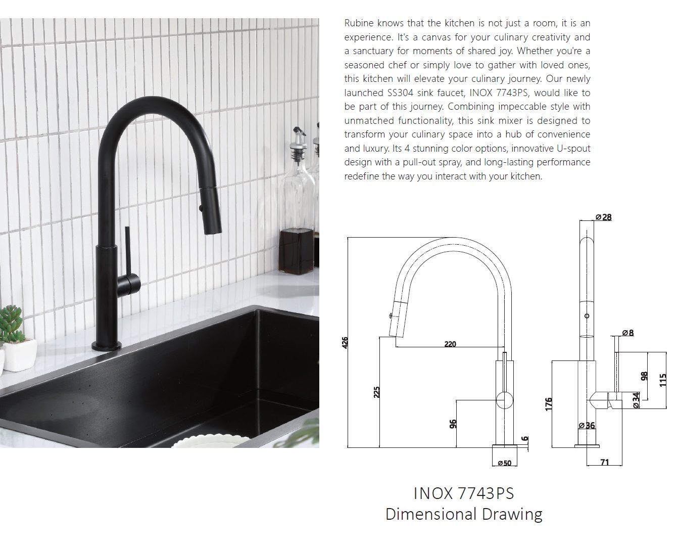 RUBINE Kitchen Sink Tap - INOX 7743PS-BK view 2