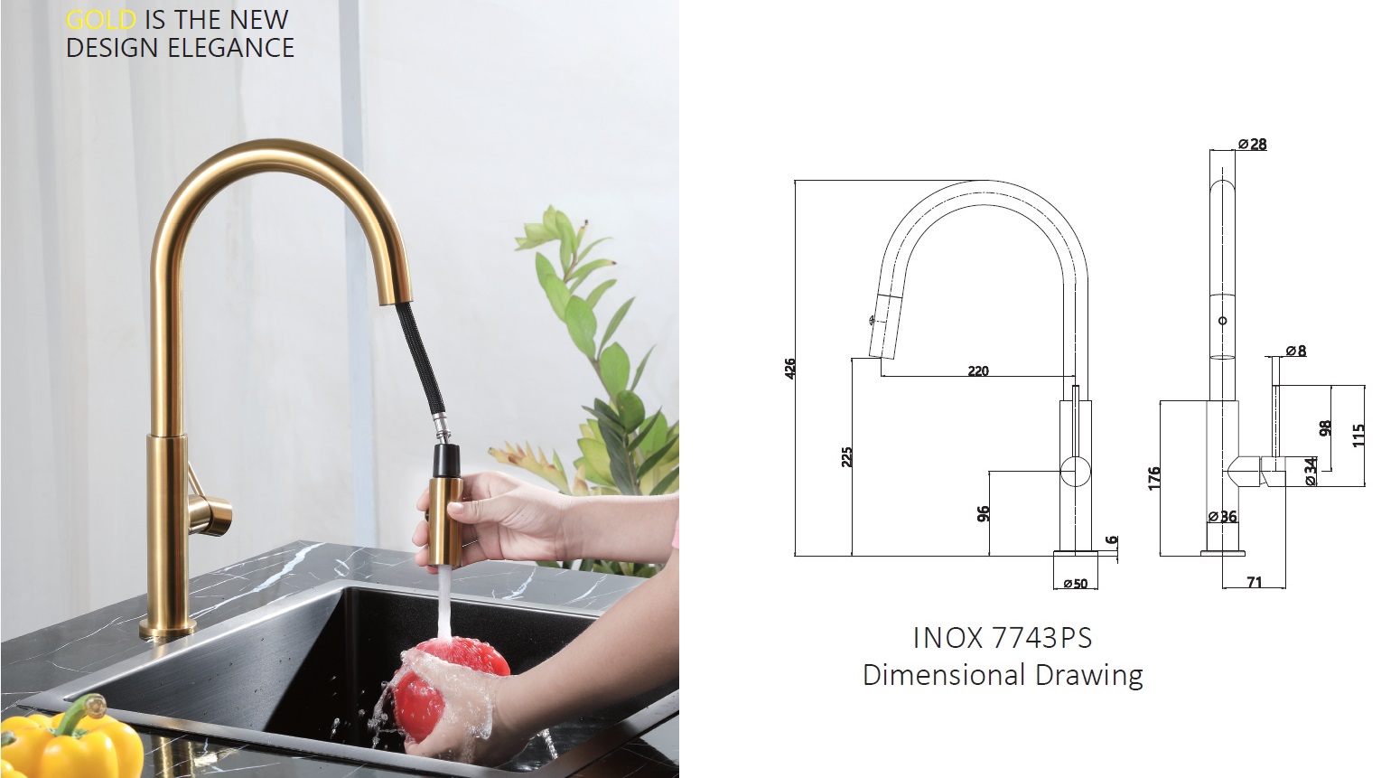 RUBINE Kitchen Sink Tap - INOX 7743PS-GD view 2