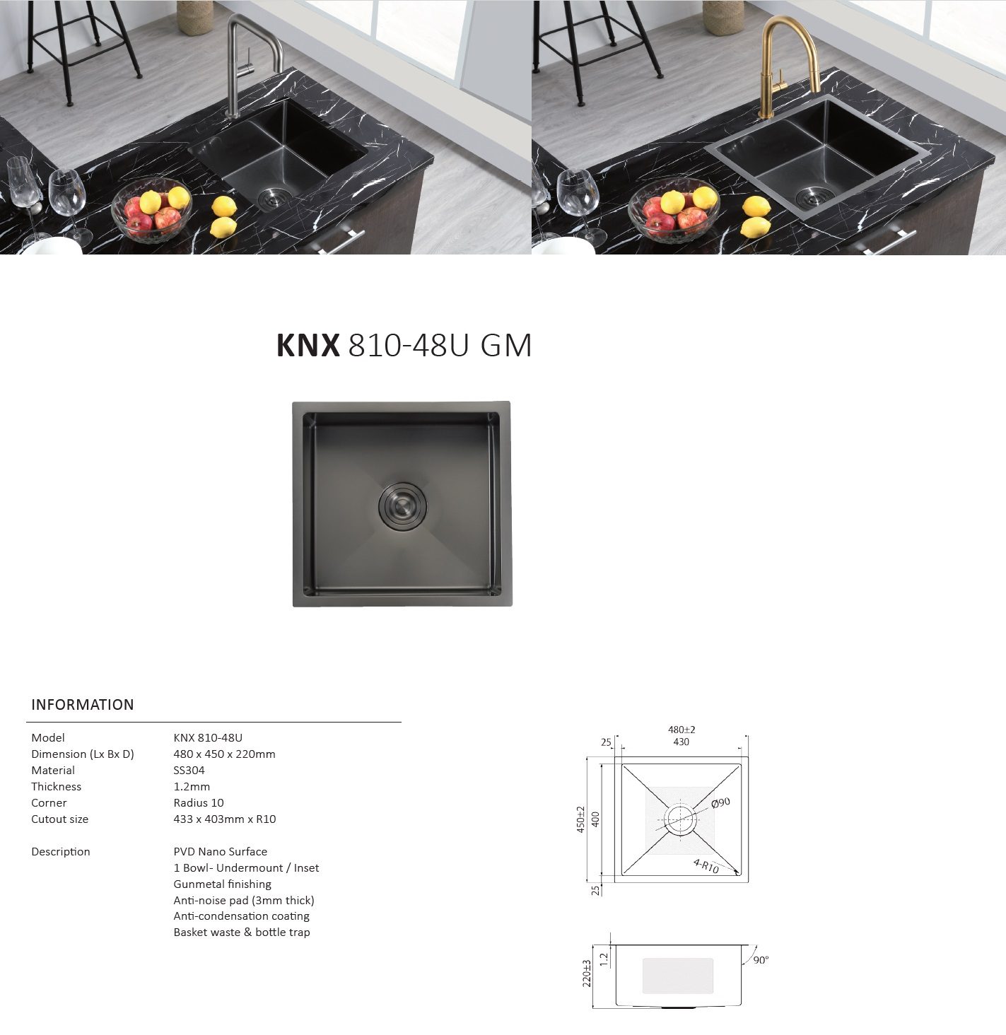 RUBINE Stainless Steel Nano Kitchen Sink - KNX 810-48U-GM