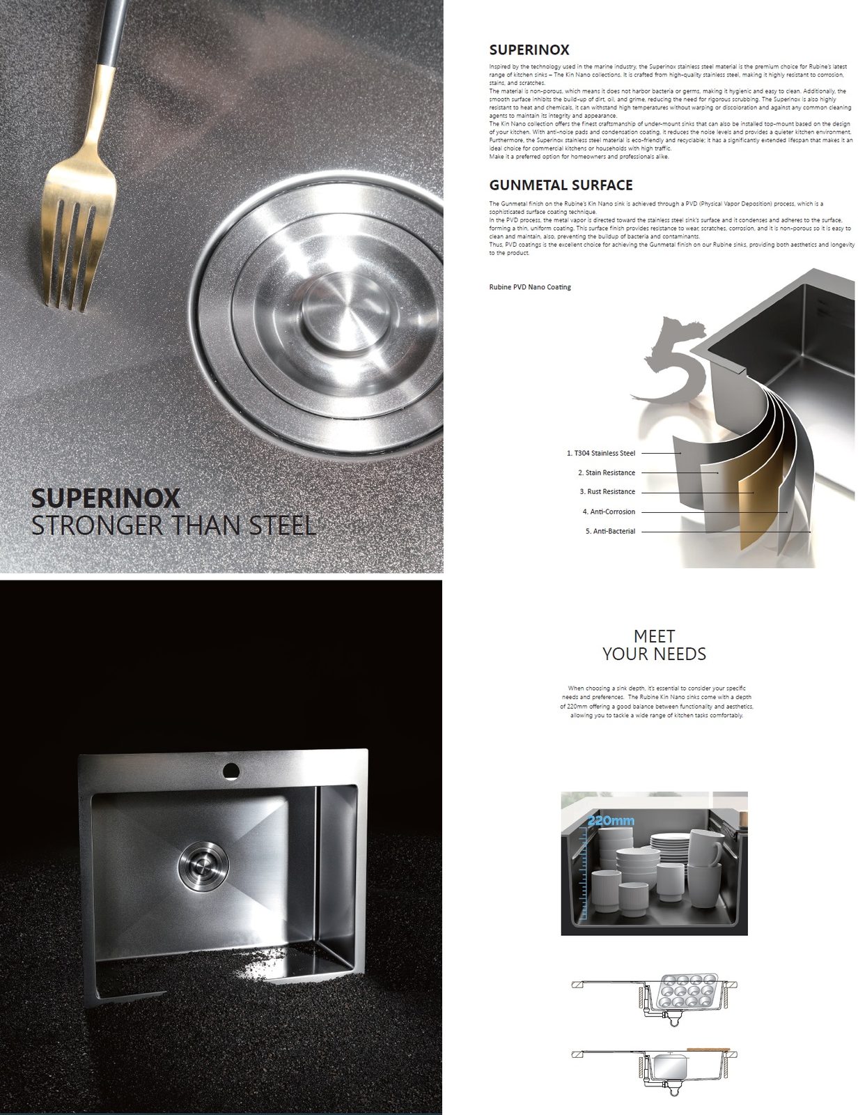 RUBINE Stainless Steel Nano Kitchen Sink - KNX 810-48U-GM view 3