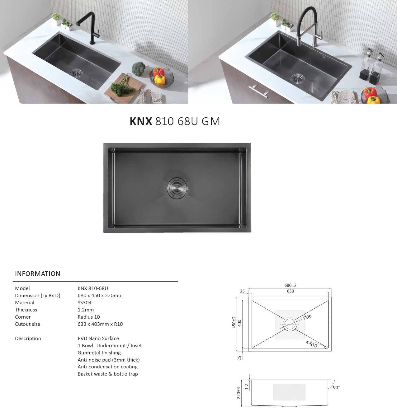 RUBINE Stainless Steel Nano Kitchen Sink - KNX 810-68U-GM