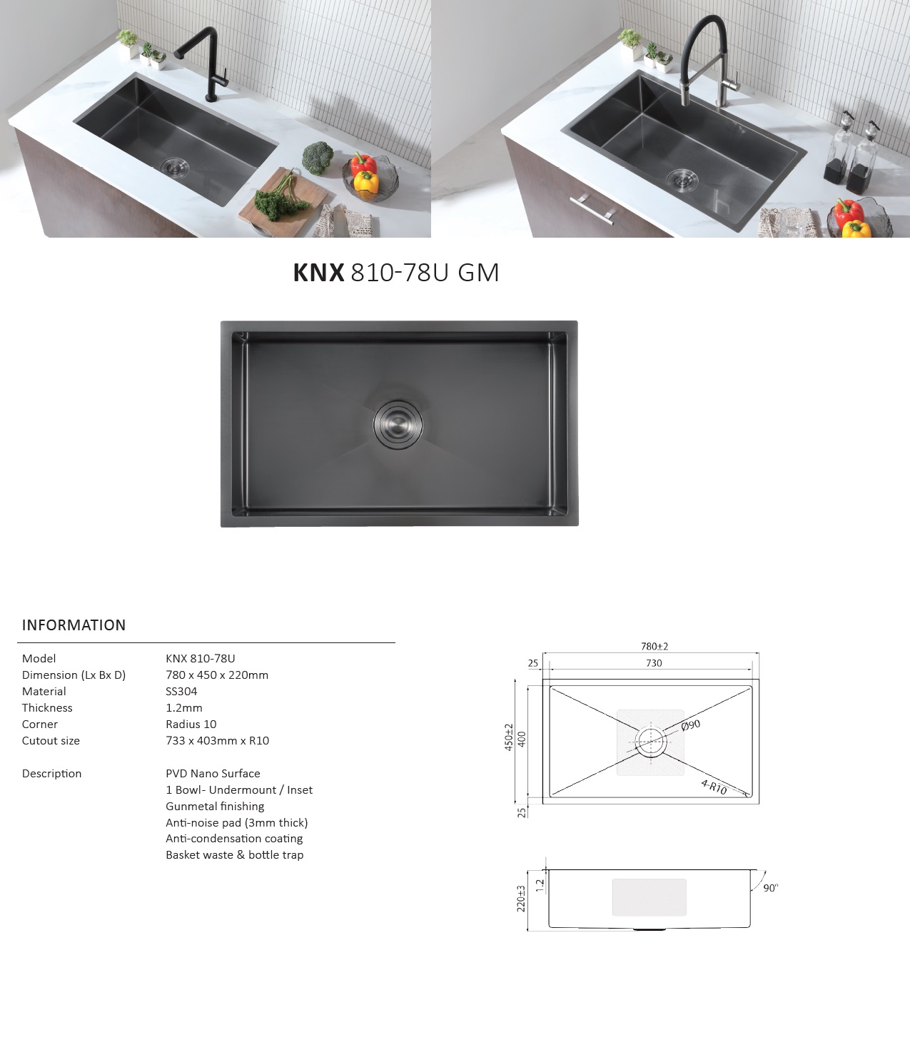 RUBINE Stainless Steel Nano Kitchen Sink - KNX 810-78U-GM