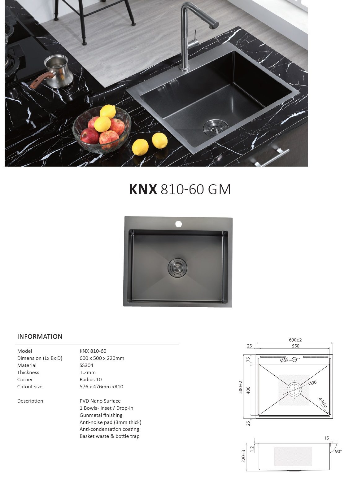 RUBINE Stainless Steel Nano Kitchen Sink - KNX 810-60-GM